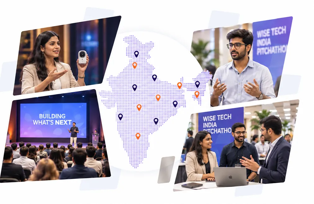 Collage of WISE Tech India Pitchathon events and a dotted map of India marking startup locations